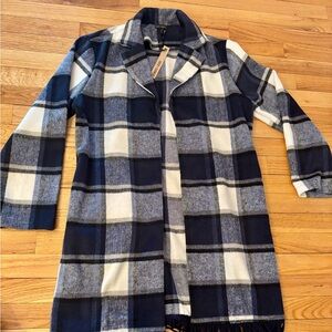 Coco + Carmen Blue and White Checkered Open Front Shacket